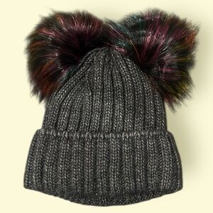Women’s Charcoal Knit Beanie with Dual Faux Fur Pom Poms | NWT